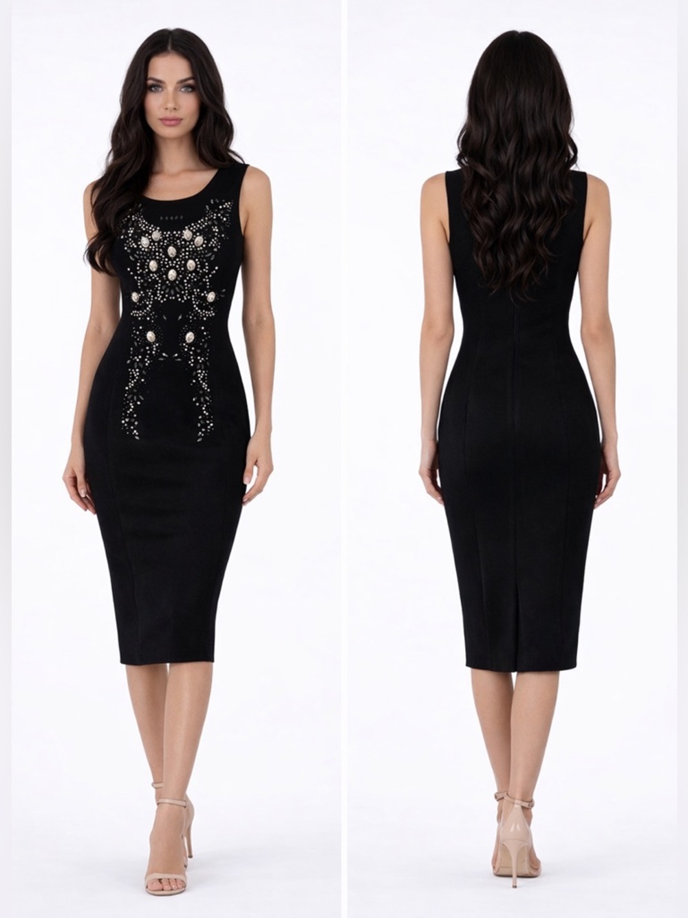 the clothing company Black Embellished Midi Bodycon Dress